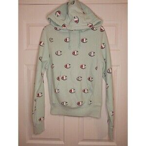 CHAMPION Vintage All Over Logo Reverse Weave Hoodie Teal Green Mens X SMALL